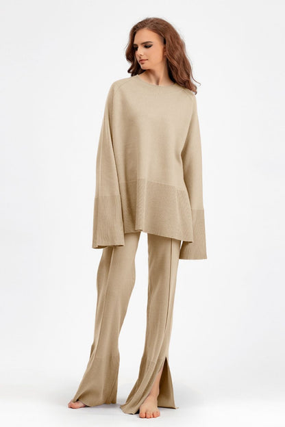 Basic Bae Slit Round Neck Long Sleeve Top and Drawstring Pants Sweater Set