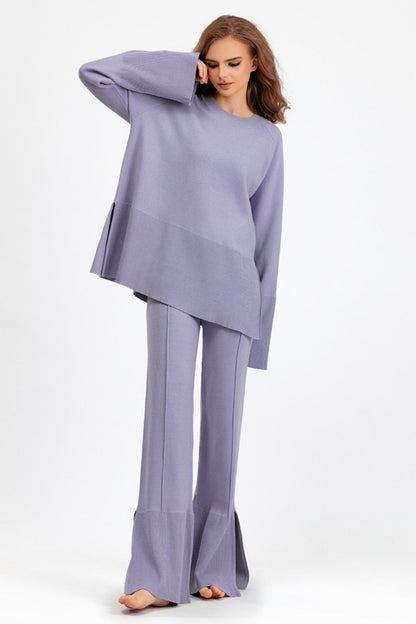 Basic Bae Slit Round Neck Long Sleeve Top and Drawstring Pants Sweater Set