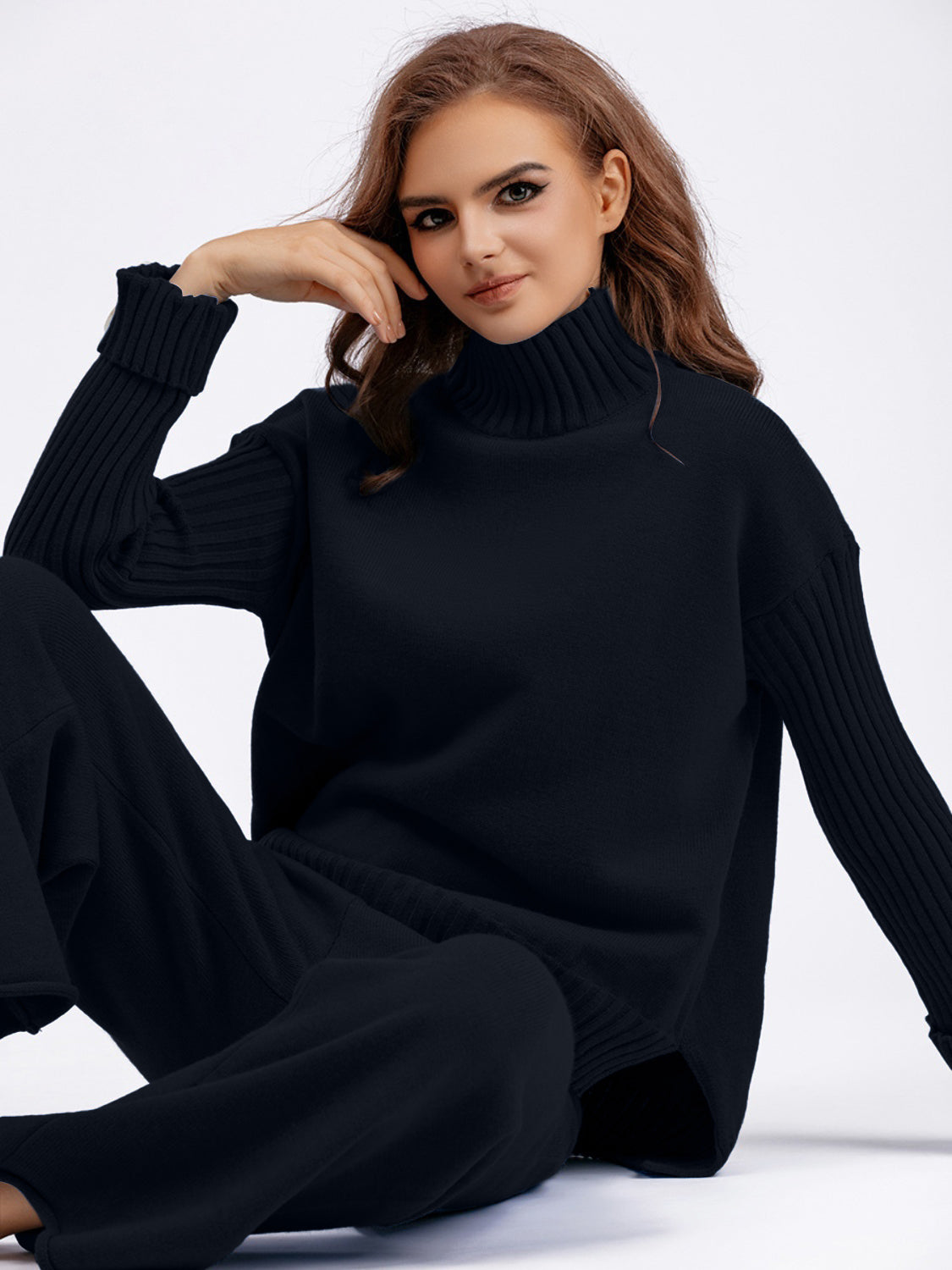 Basic Bae High- Low Turtleneck Long Sleeve Top and Pants Sweater Set